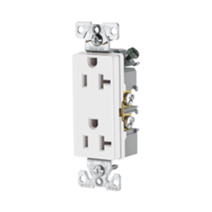 Eaton heavy-duty industrial specification grade decorator duplex receptacle, #14-10 AWG, 20A, Commercial, Flush, 125V, Back and side, Light almond, Brass, Nylon, 5-20R, Duplex, Screw, Nylon, Bulk