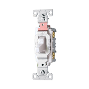 Eaton commercial grade toggle switch, #14-10 AWG, 15A, Commercial, Wall, 120/277V, Side wire, Screw, Light almond, Three-Way, Copper alloy, Terminals: 0.031 in